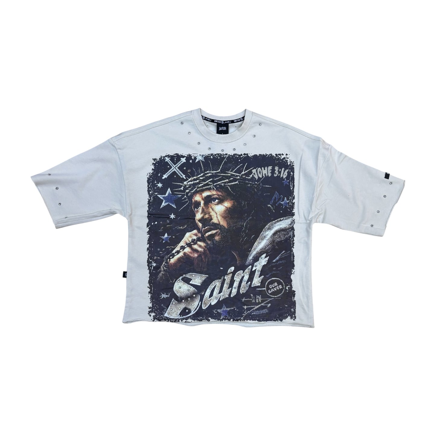 WH-SW6155 - Saint with Studs Cropped Top Graphic T-Shirt