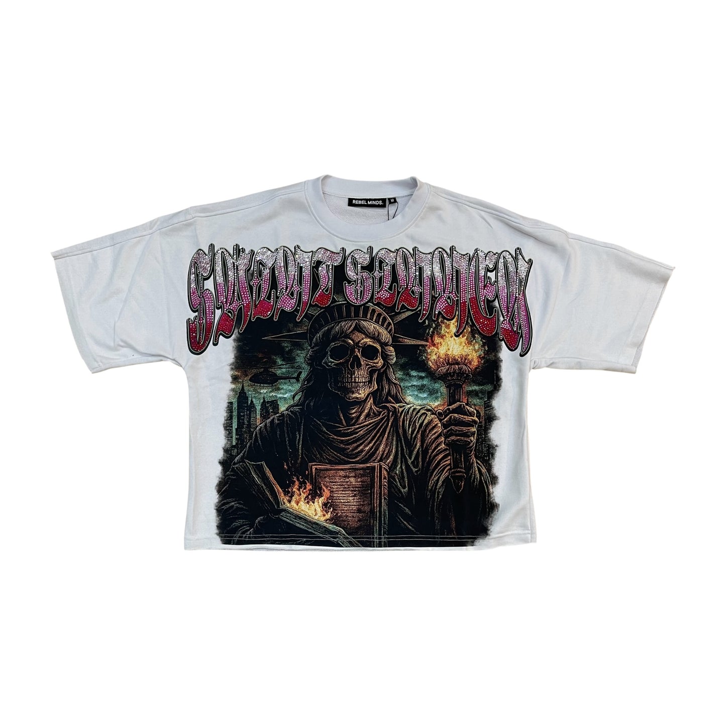 610-11171 - Dead Liberty Digital Rhinestone Cropped Oversized Graphic T-Shirt