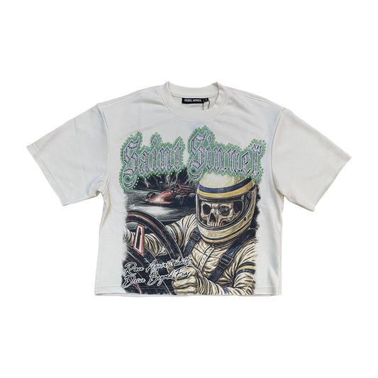 610-11170 - Saint Sinner Driver with Rhinestones French Terry Cropped Graphic T-Shirt