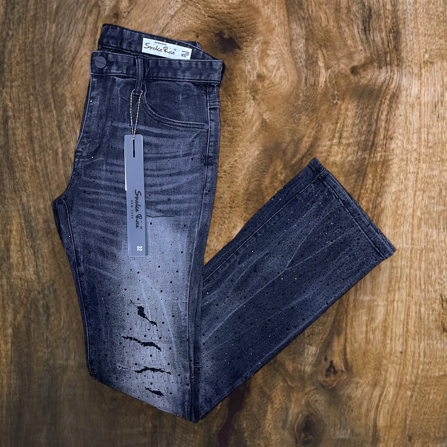 JP25536 - Fade Washed All Over Rhinestone Stacked Flare Jeans