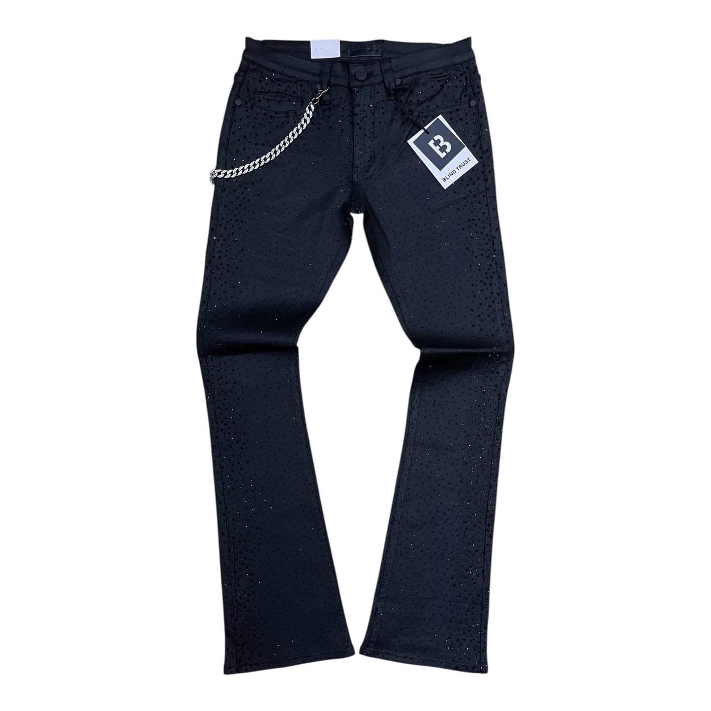 BTP26985 - Allover Rhinestone Wax Coated Stretch Stacked Flare Jeans with Silver Side Chain