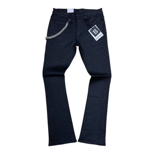 BTP26985 - Allover Rhinestone Wax Coated Stretch Stacked Flare Jeans with Silver Side Chain