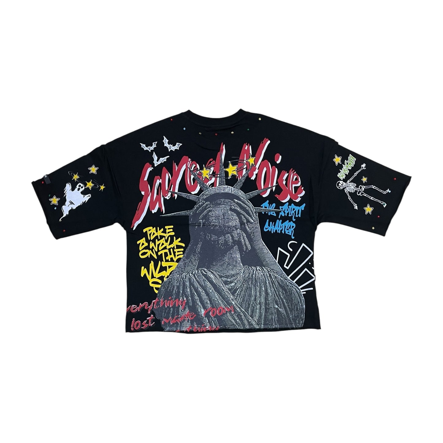 WH-SW6164 - Saint Ruins with Studs Cropped Top Graphic T-Shirt