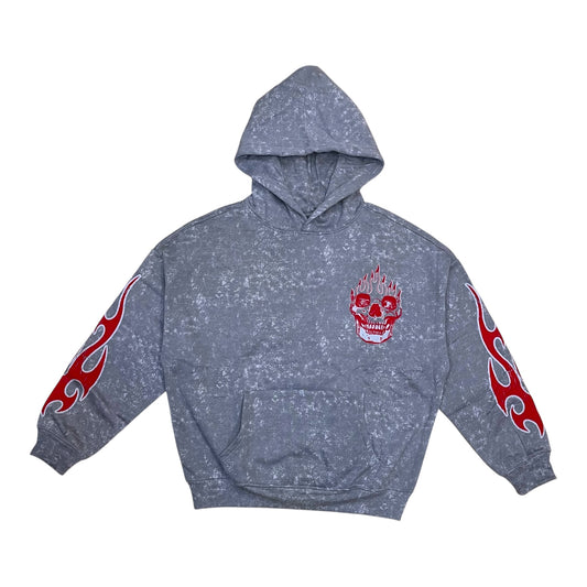 152-315 - Flame Skull Acid Washed Graphic Fleece Hoodie