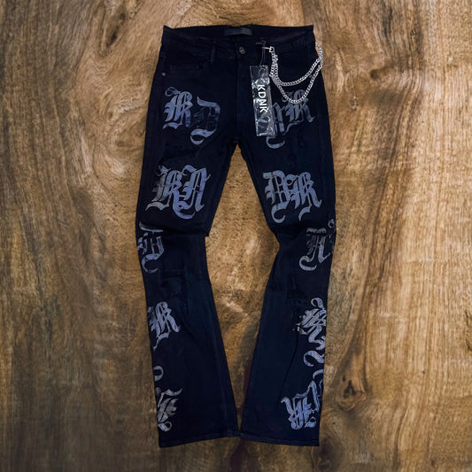 KND4839 - Lettering Skinny Stretch Stacked Flared Jeans with Silver Side Chain