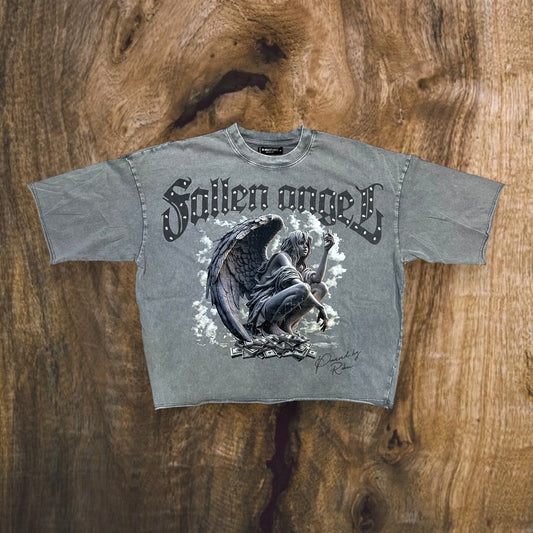 RK1481683 - Fallen Angel with Studs Cropped Drop Shoulder Graphic T-Shirt (Washed Grey)