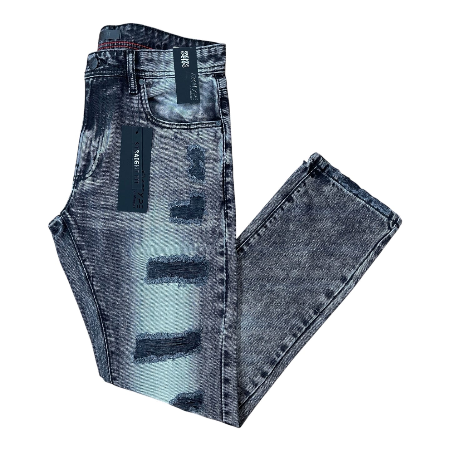 WH-P624 - Vintage Ripped Rigid Straight-Fit Non-Stretch Jeans