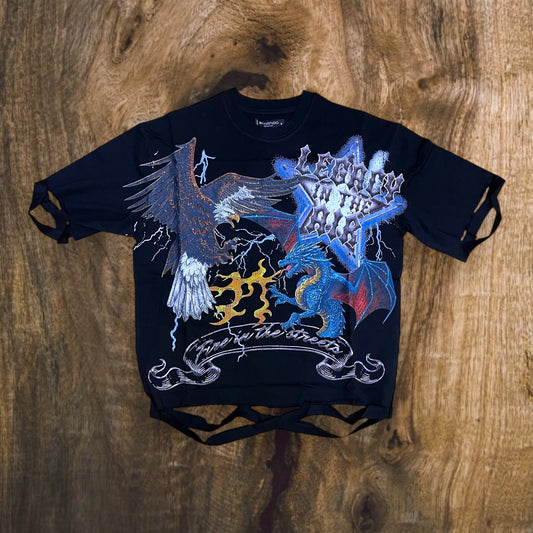 RK1481866 - Legend in the Air Slashed Rhinestone Boxy Graphic T-Shirt