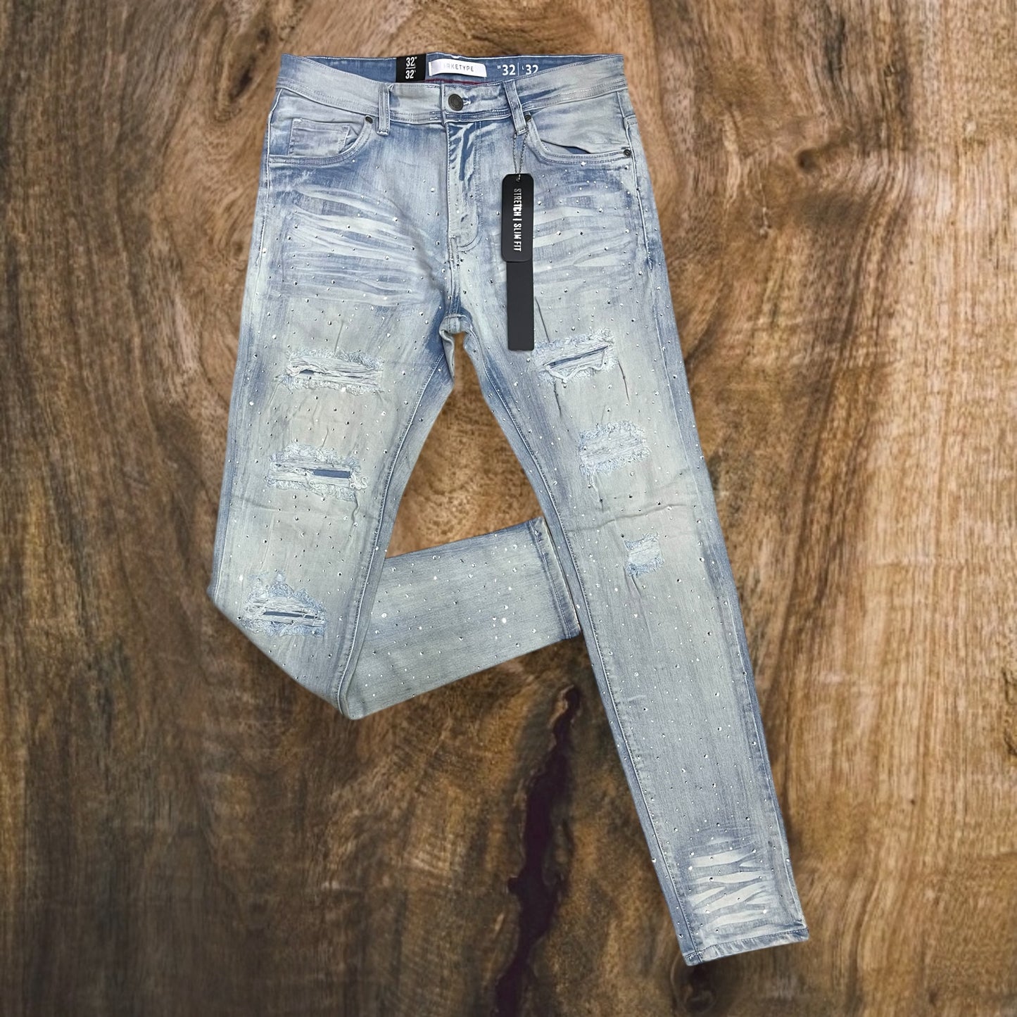 P547 - Rip & Repair All Over Rhinestone Slim-Fit Stretch Jeans