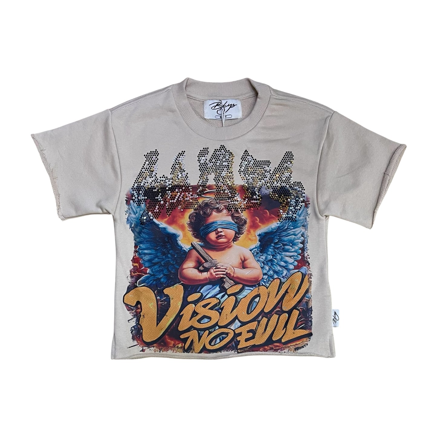 T1448B - Boy's/Kid's Vision No Evil Rhinestones Cropped Top T-Shirt