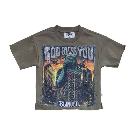 T1519B - Boy's/Kid's God Bless You Rhinestones Cropped Top T-Shirt