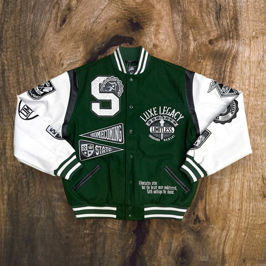 OH25697 - Luxe Legacy Wool Letterman Patchwork with Rhinestone Varsity Jacket