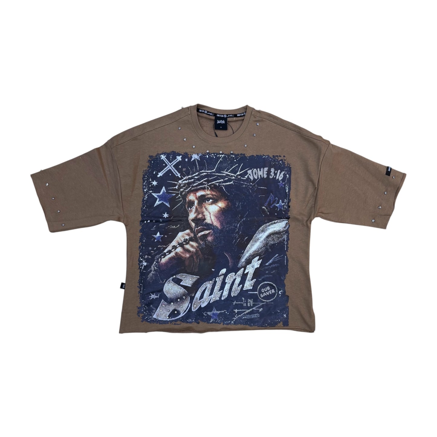 WH-SW6155 - Saint with Studs Cropped Top Graphic T-Shirt