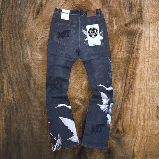 RM204SK - Digital Graphic Print Stretchable Stacked Flared Light Weight Denim