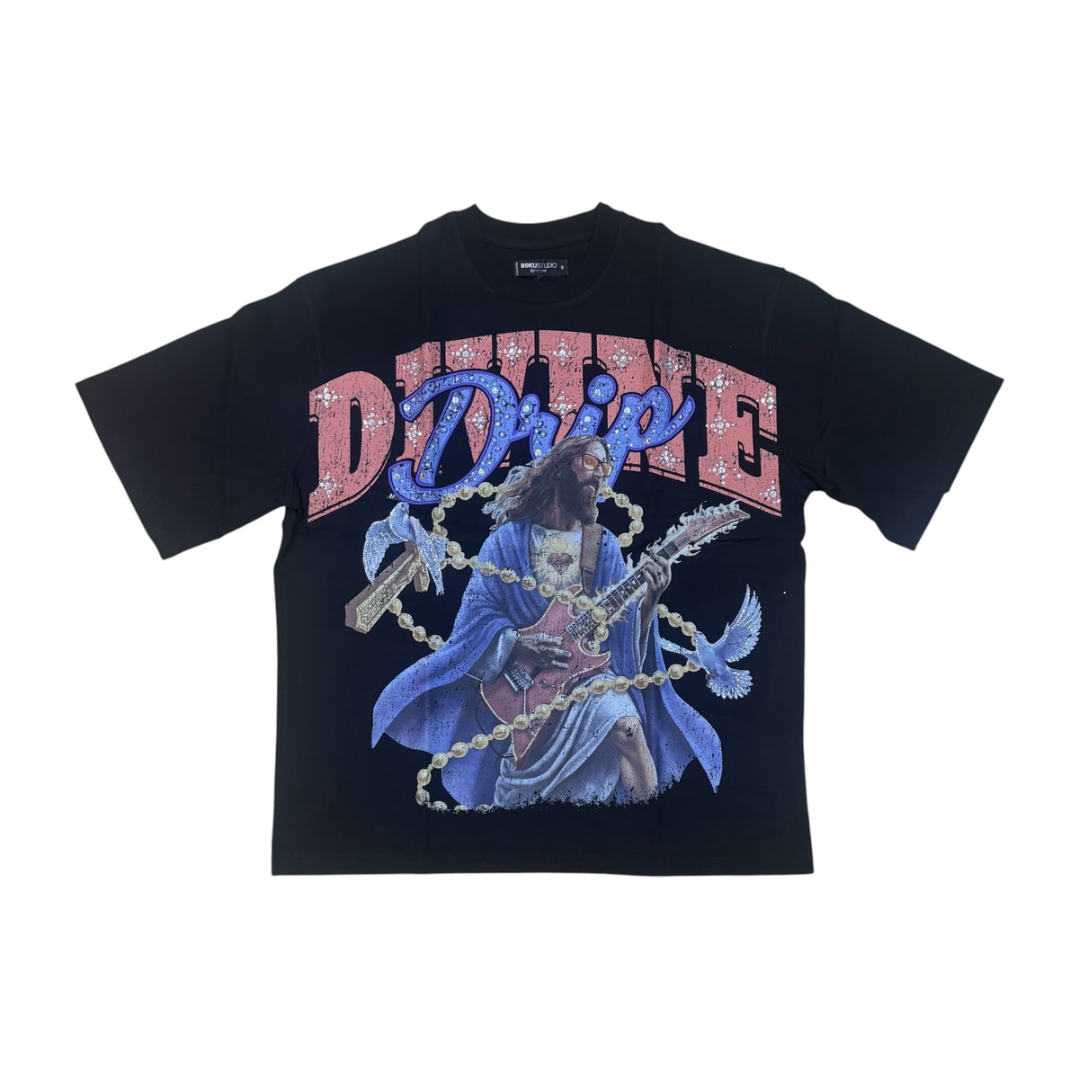 WH-RK1482128 - Divine Drip Faded with Rhinestones Boxy Graphic T-Shirt