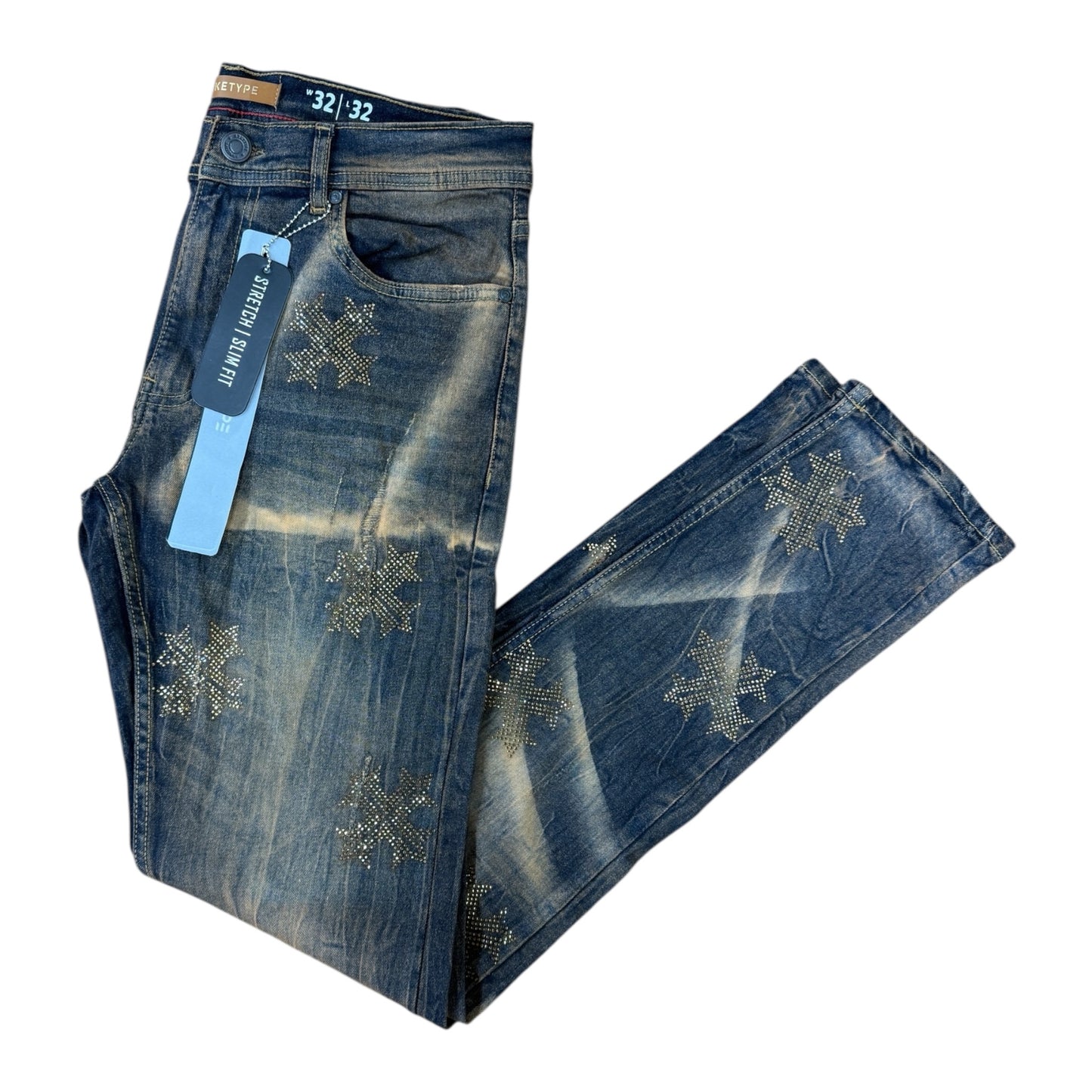 P570 - Cross Rip n Repair Rhinestone Slim-Fit Stretch Jeans