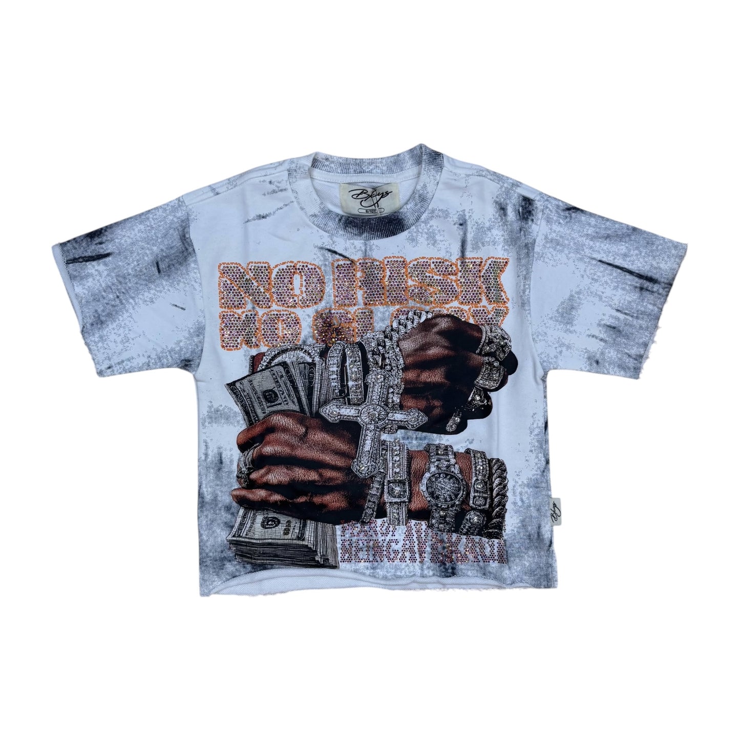 T1464B - Boy's/Kid's No Risk No Glory with Rhinestones Cropped Top T-Shirt