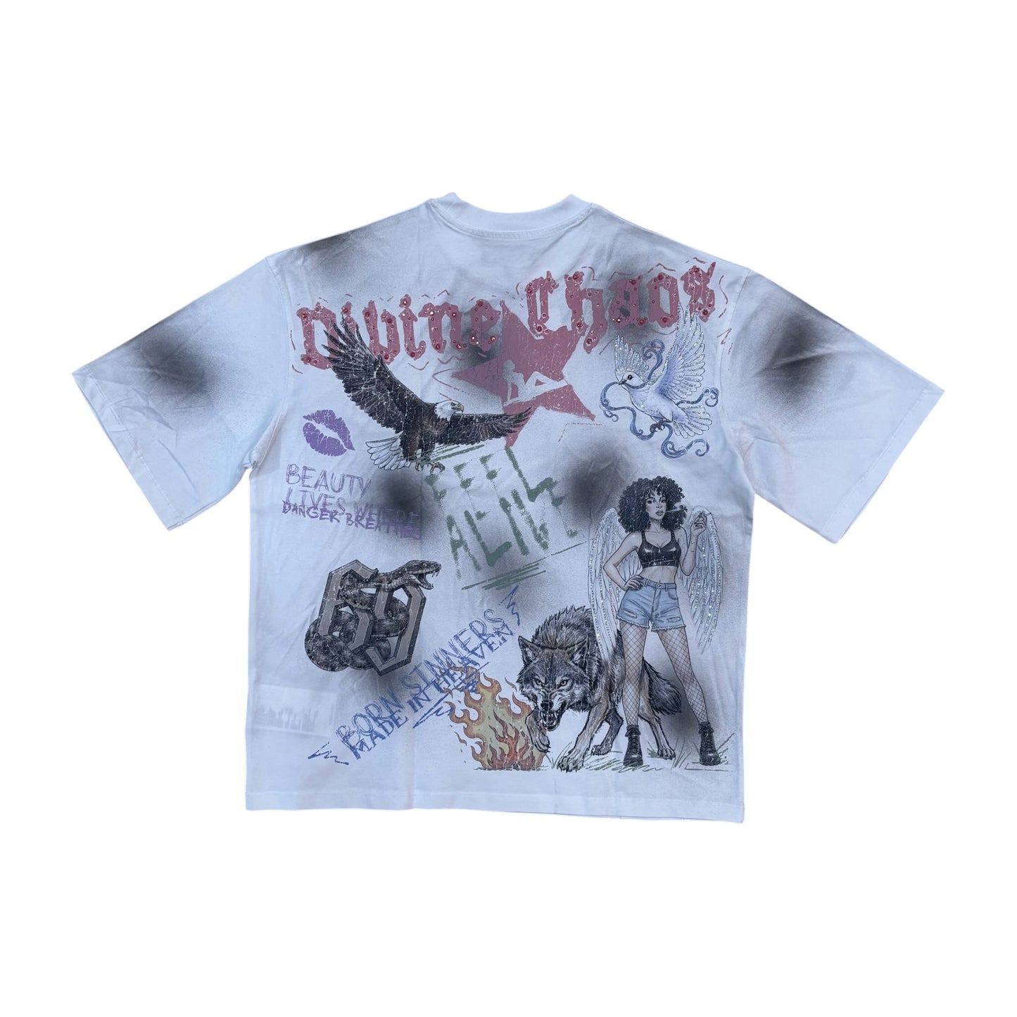 WH-RK1482137 - Divine Chaos Faded with Rhinestones Boxy Graphic T-Shirt