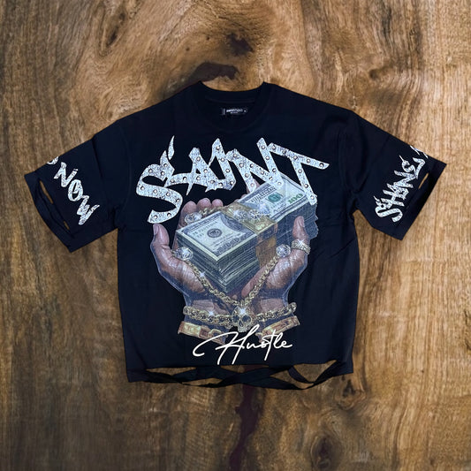 RK1481865 - Saint Hustle Slashed Rhinestone Boxy Graphic T-Shirt