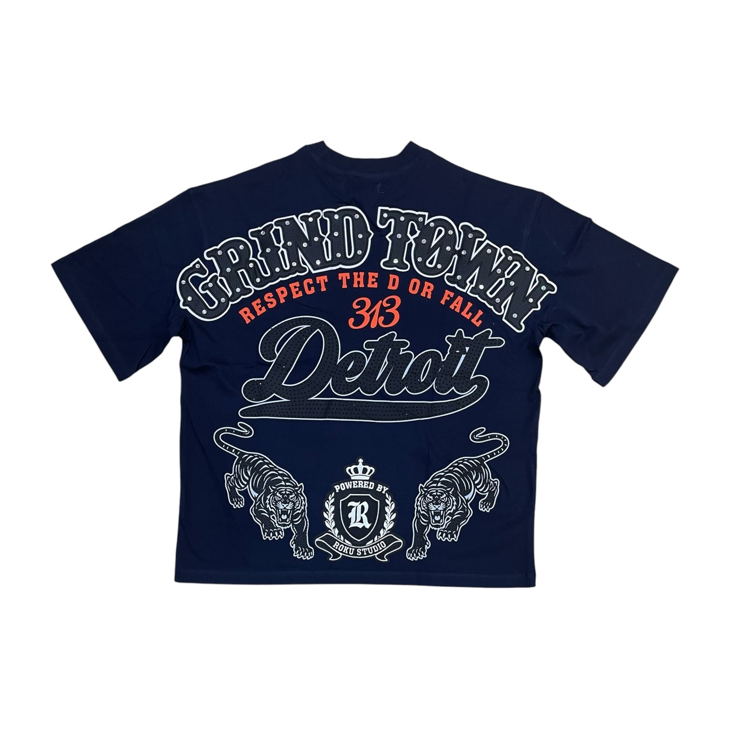 WH-RK1482068 - Detroit with Rhinestones n Studs Boxy  Graphic T-Shirt