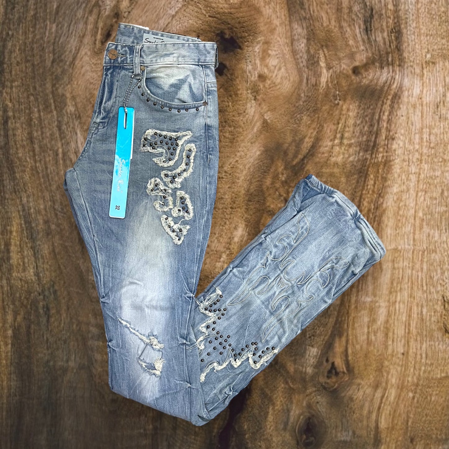 JP24622 - Smoke Rise Western Studded Lazy Flare Stacked Denim Jeans (Milky Blue)