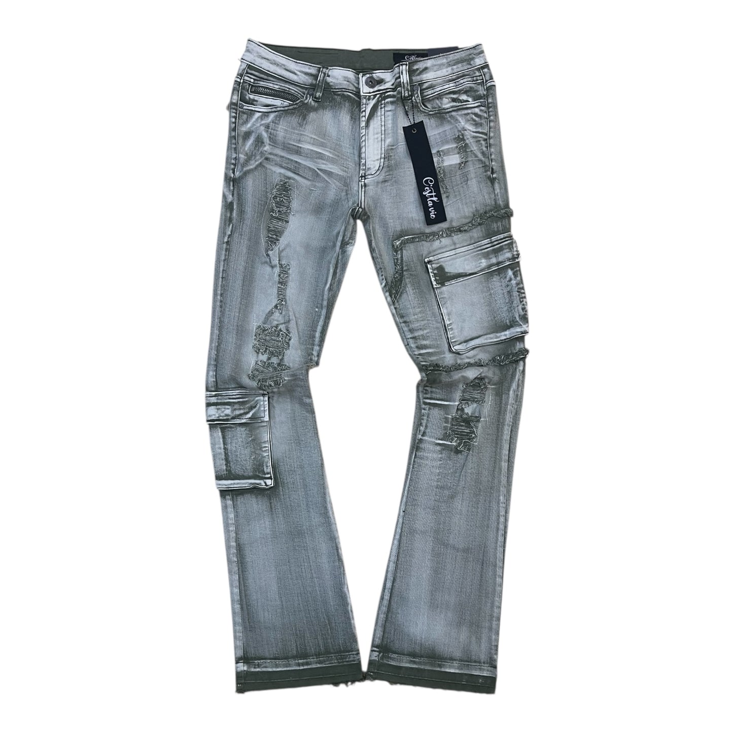 CV1013 - Olive Wash Stacked Flare Cargo Pocket Jeans