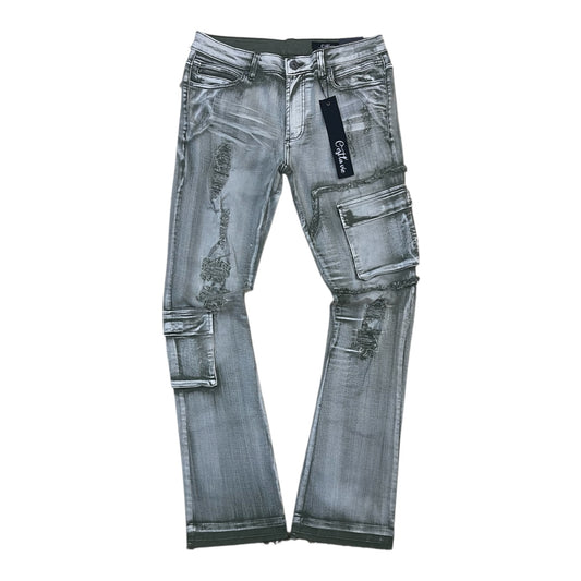 CV1013 - Olive Wash Stacked Flare Cargo Pocket Jeans