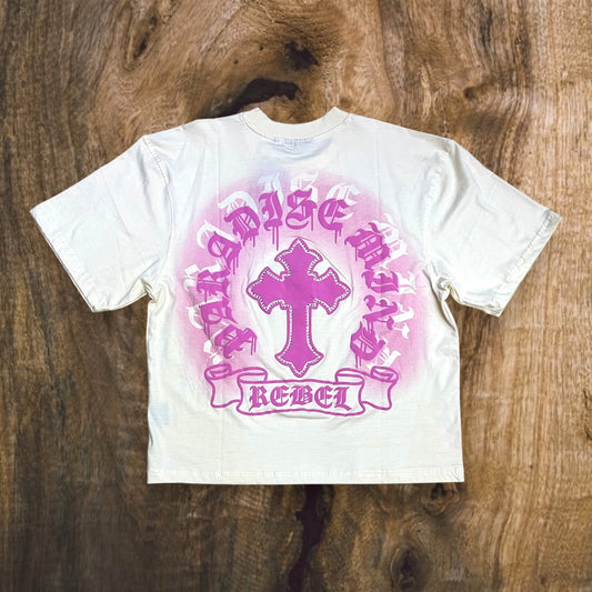 152-118 - REBEL CROSS Rhinestones Cropped Graphic T-Shirt