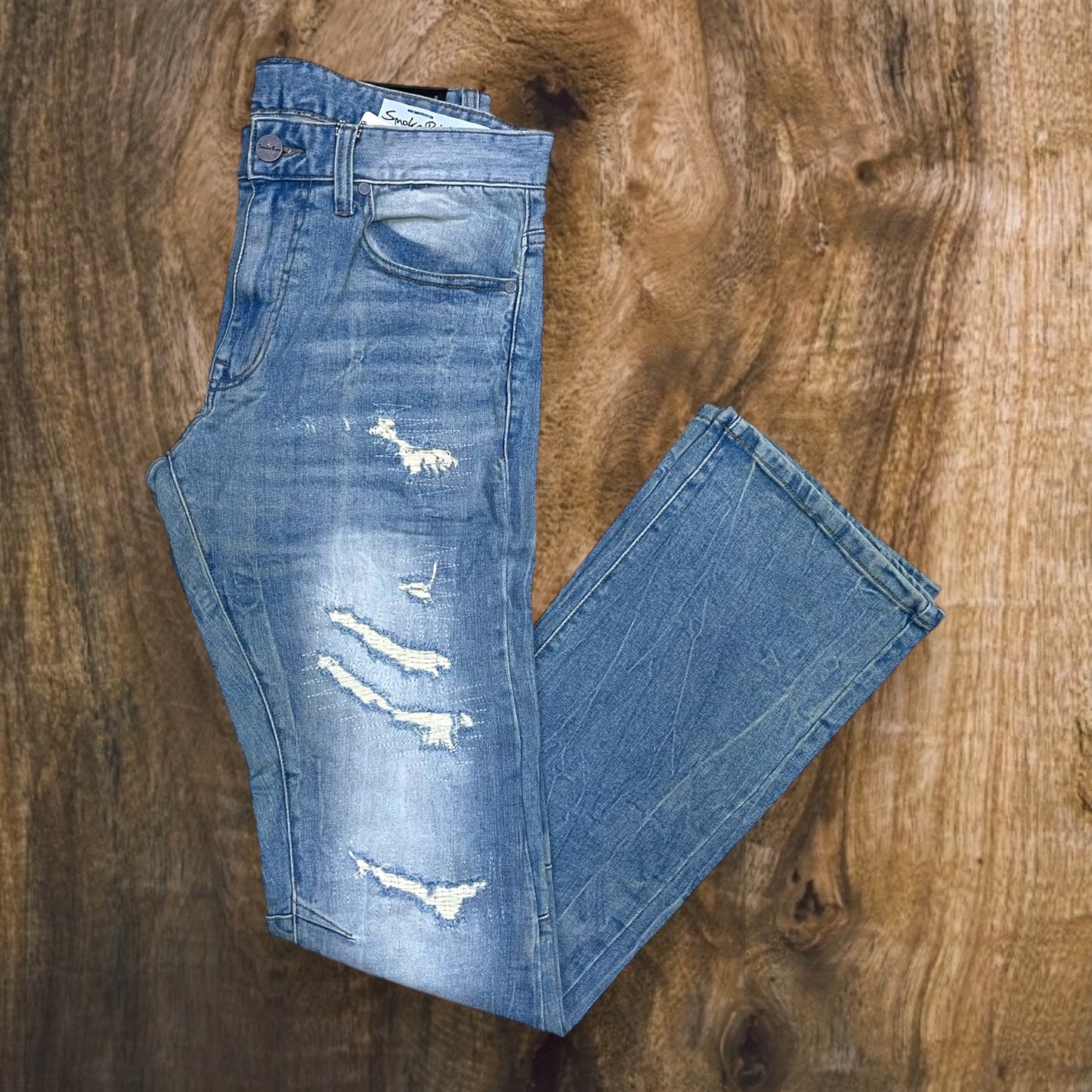 JP24702 - Ripped Vintage Washed Stacked Flare Jeans (Adonis Blue)