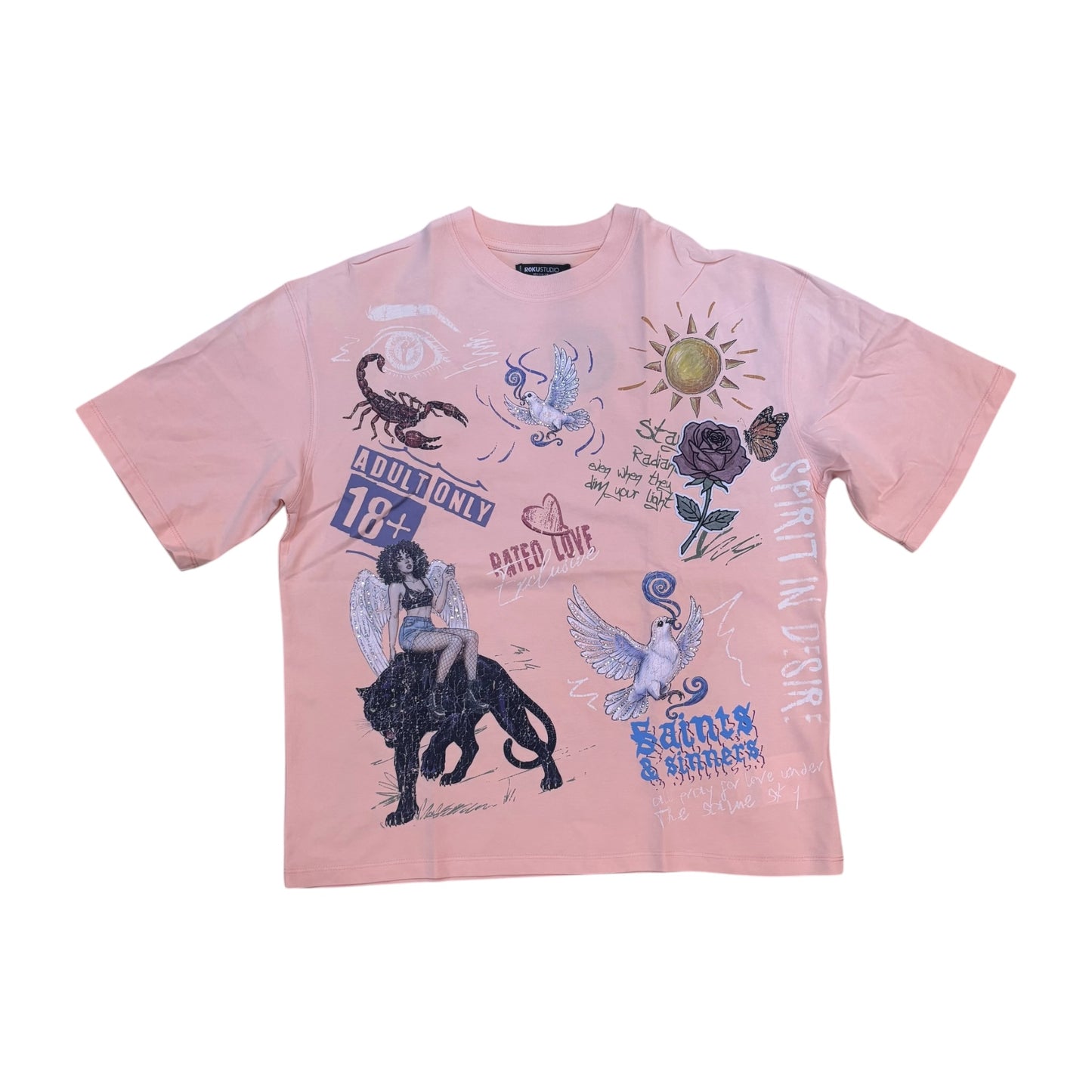 WH-RK1482137 - Divine Chaos Faded with Rhinestones Boxy Graphic T-Shirt