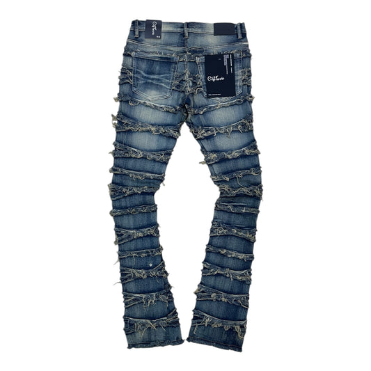CV1006 - Shredded Heavy Frayed Layered Stacked Flared Jeans