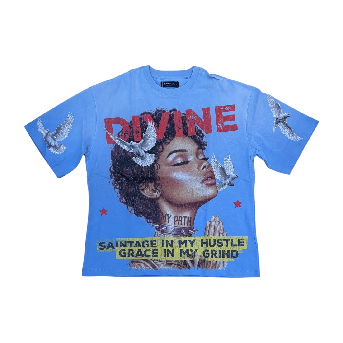 WH-RK1482092 - Divine Faded with Rhinestones Boxy Graphic T-Shirt
