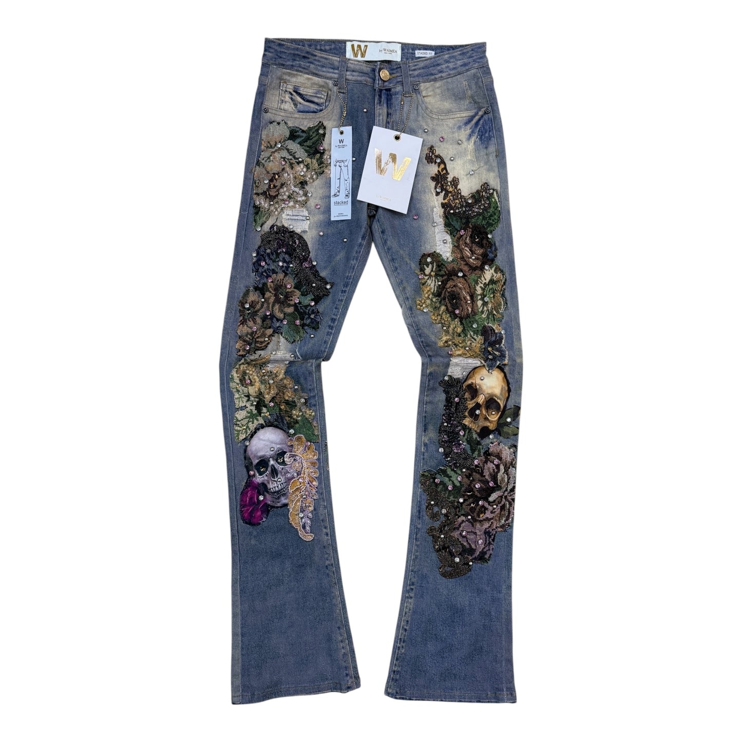 M8597D - Floral Embroidery & Skull with Multicolor Studs Stacked Flare Jeans