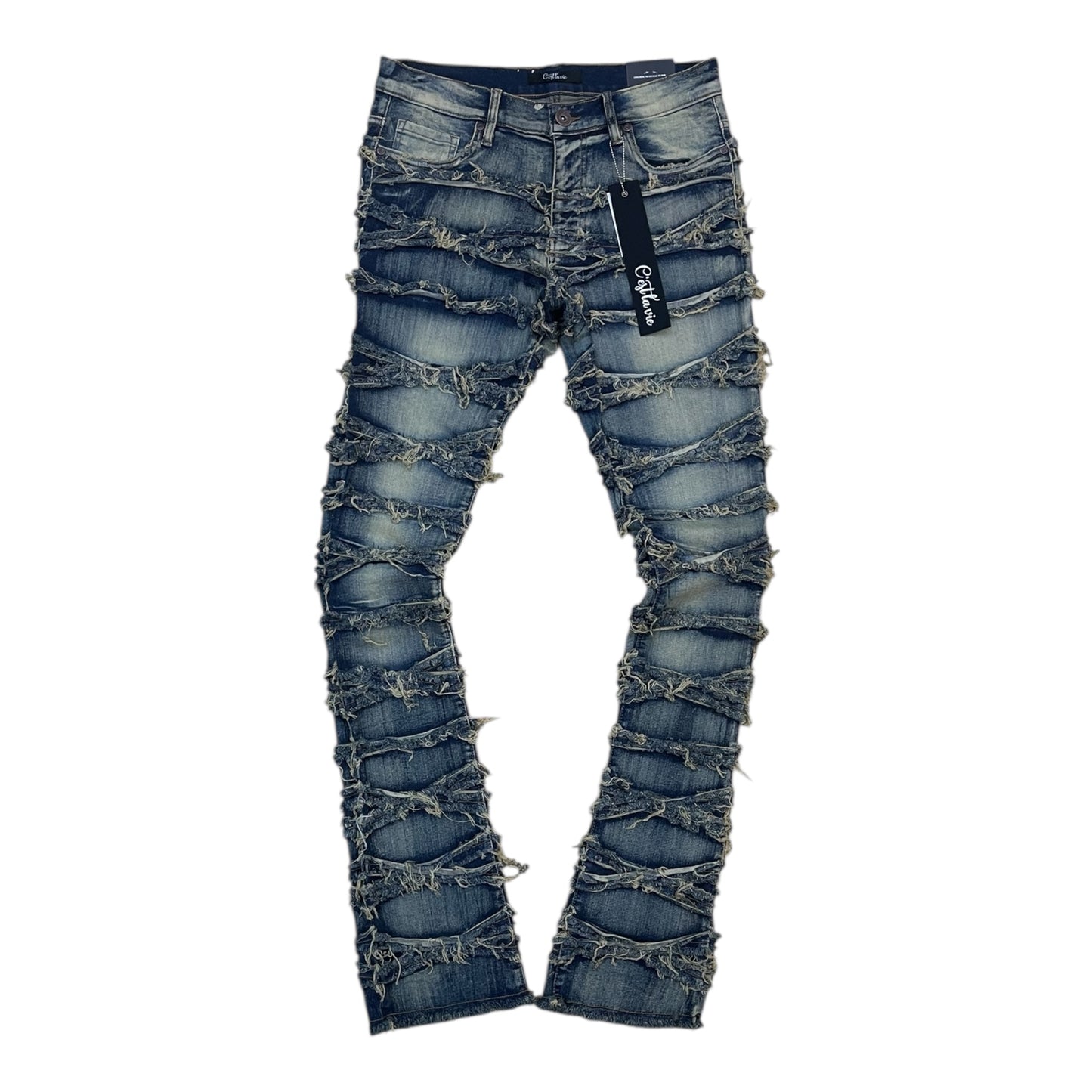 CV1006 - Shredded Heavy Frayed Layered Stacked Flared Jeans