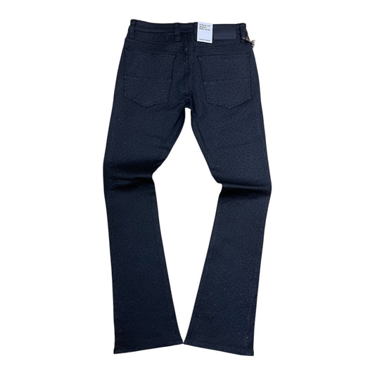 BTP26985 - Allover Rhinestone Wax Coated Stretch Stacked Flare Jeans with Silver Side Chain