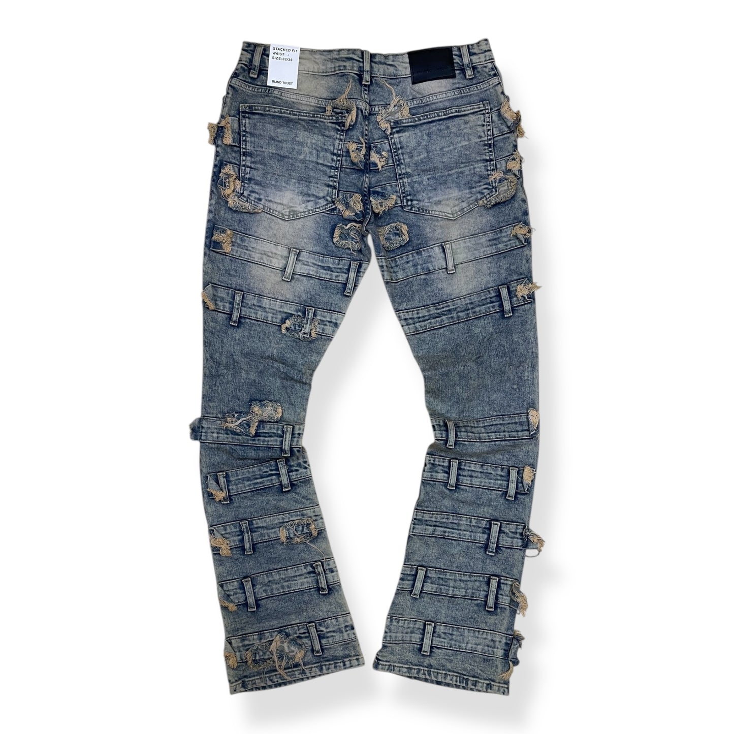 BTP25892 - Belted Pattern Stacked Flare Jeans