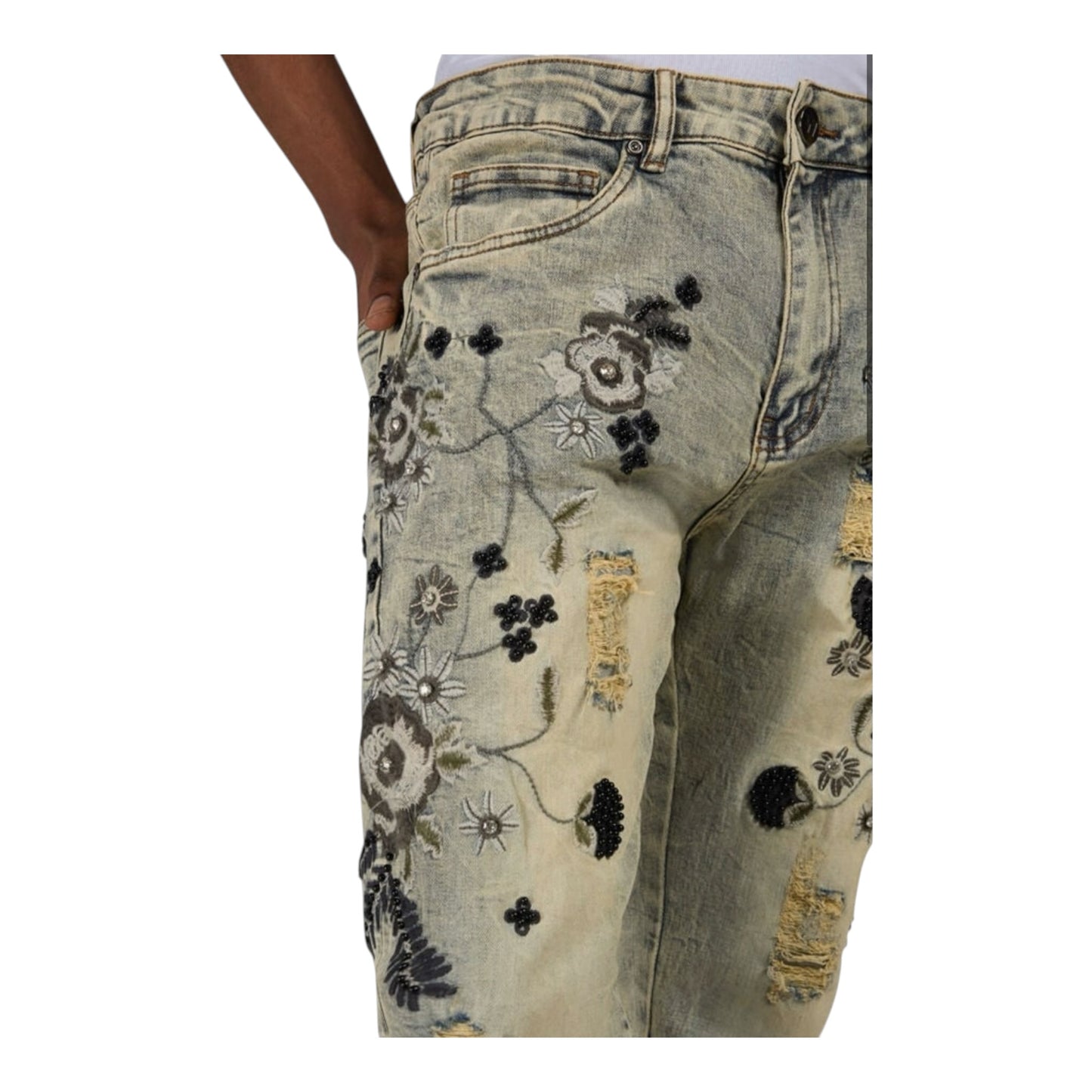 M8730D - Embroidery Floral Print Slim-Fit Jeans