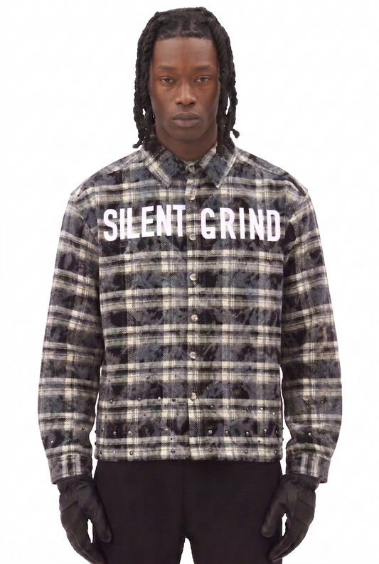WH-ST8-029 - Silent Grind Premium Long Sleeve Heavy Flannel Shirt with Print & Stud Patch Work
