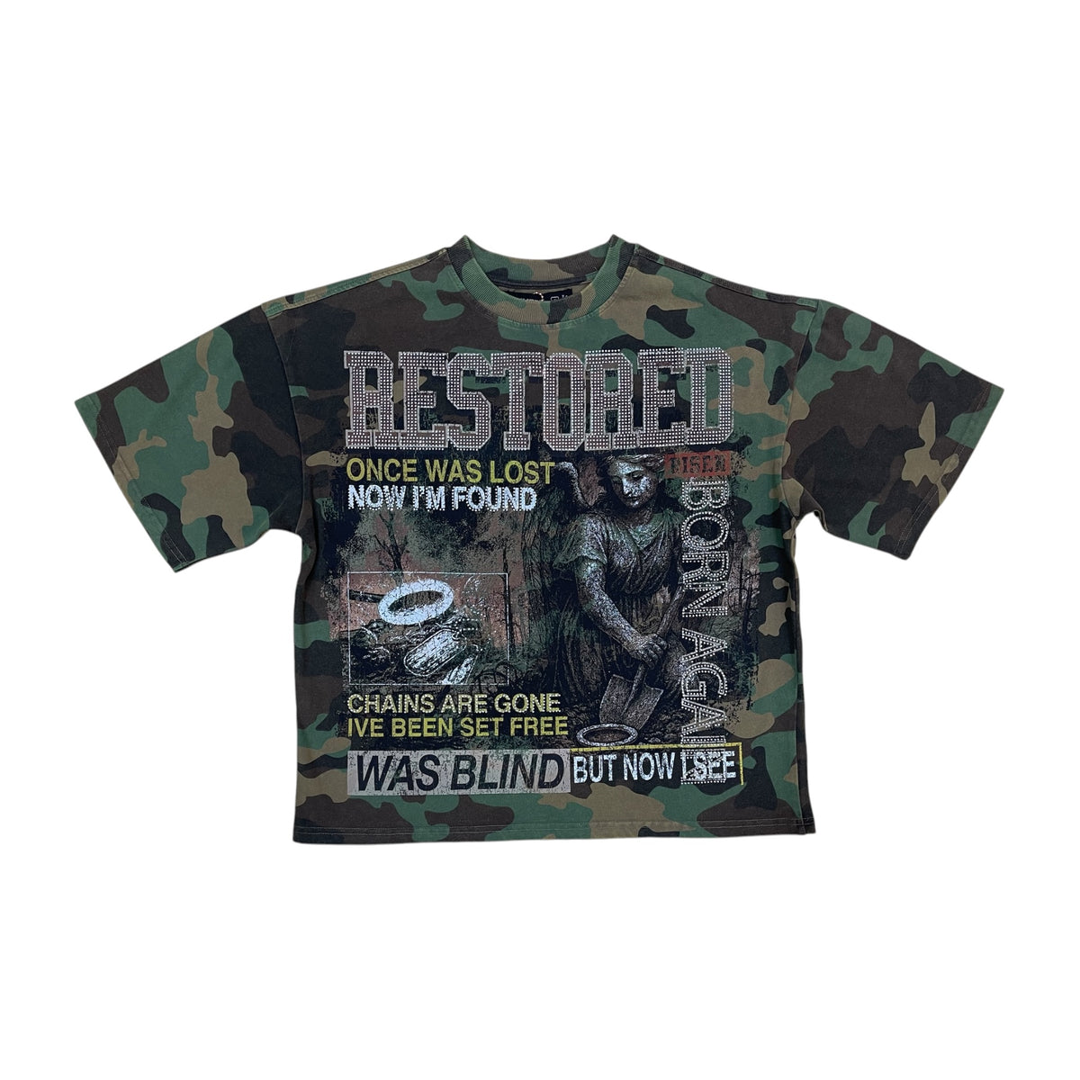 WH-T2677 - Restored Born Again with Rhinestone Boxy Graphic T-Shirt