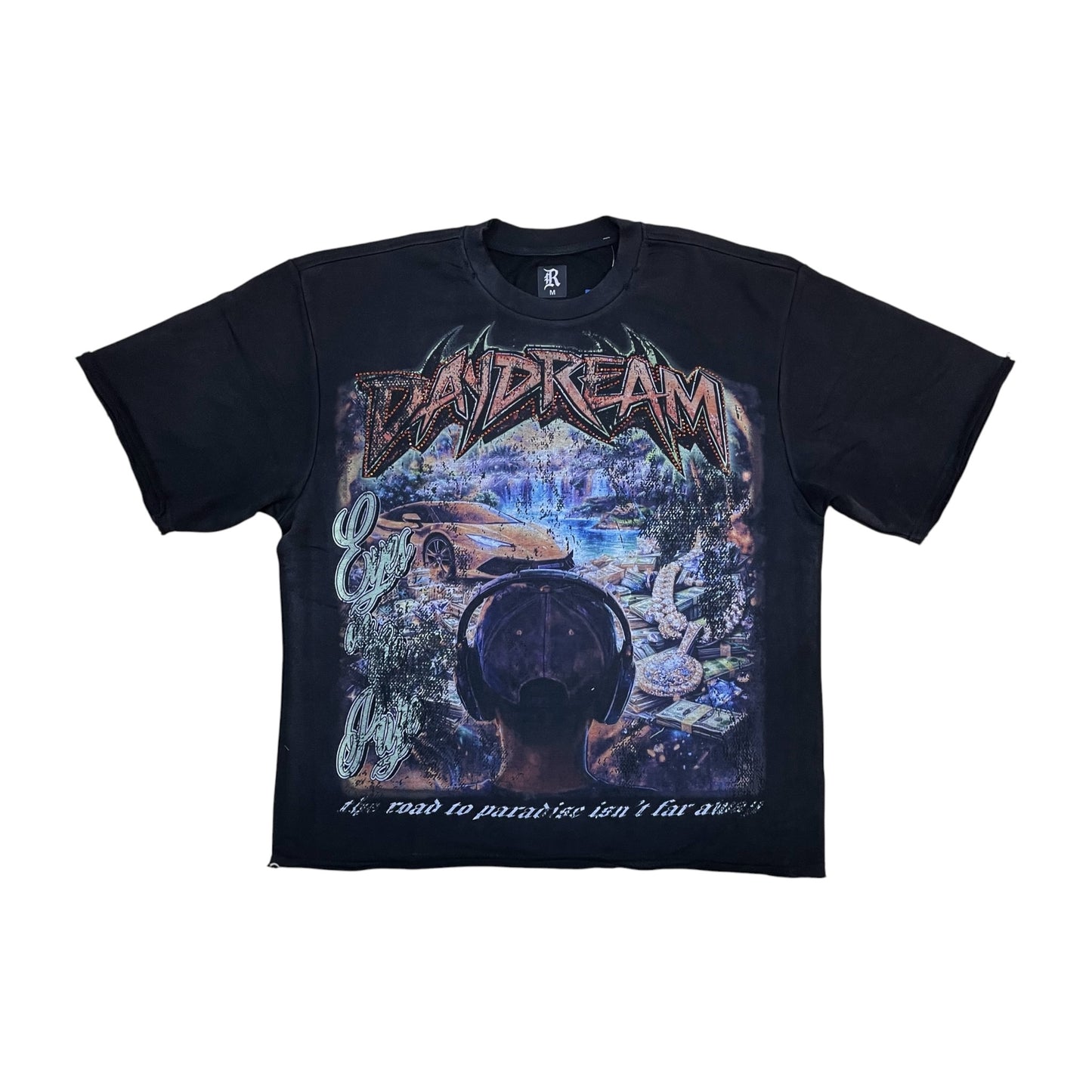 WH-3163-111 - Daydream Digital with Rhinestones Terry Cropped Graphic T-Shirt