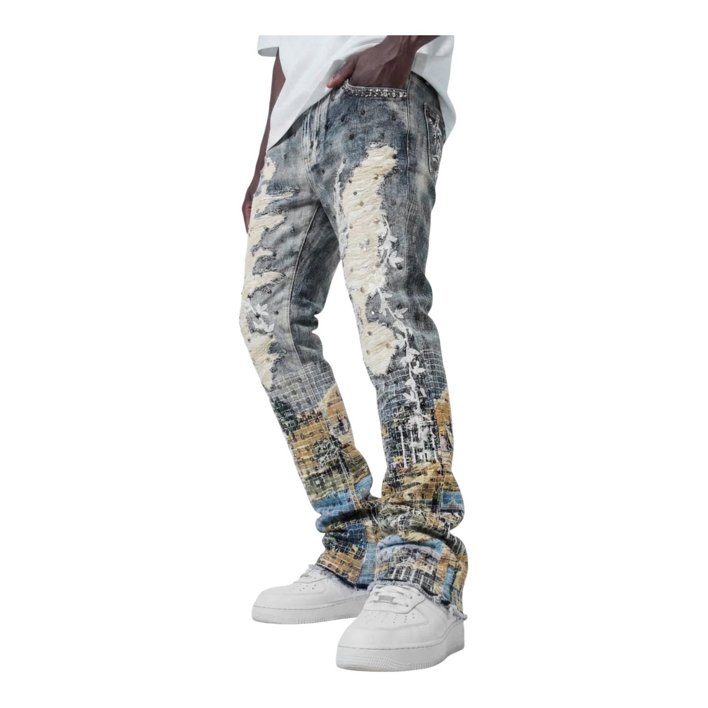 M8599D - Baroque Scenic Blue Stacked Flare Jeans