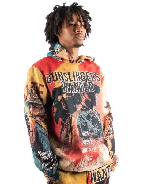 TH2429 - Tapestry Jacquard Crop Gunslingers Wanted Hoodie (Red)