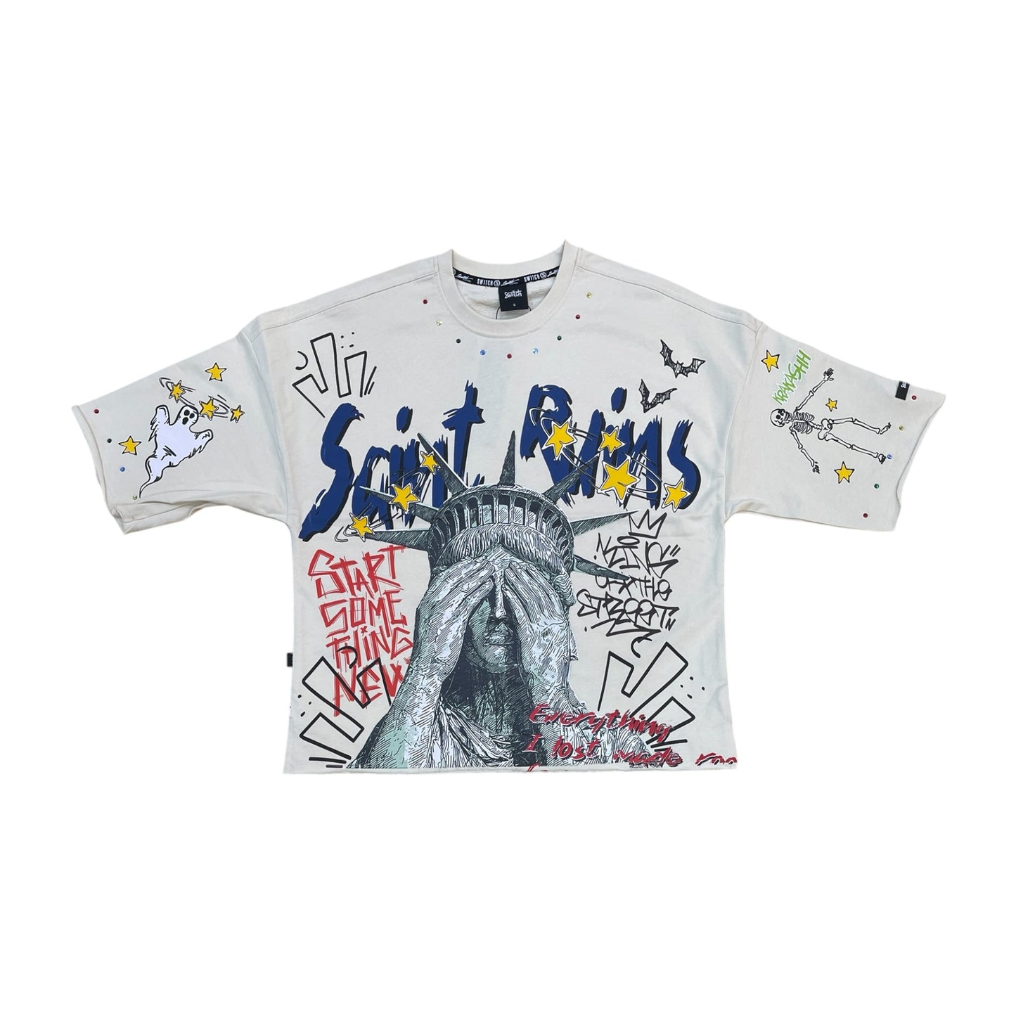 WH-SW6164 - Saint Ruins with Studs Cropped Top Graphic T-Shirt