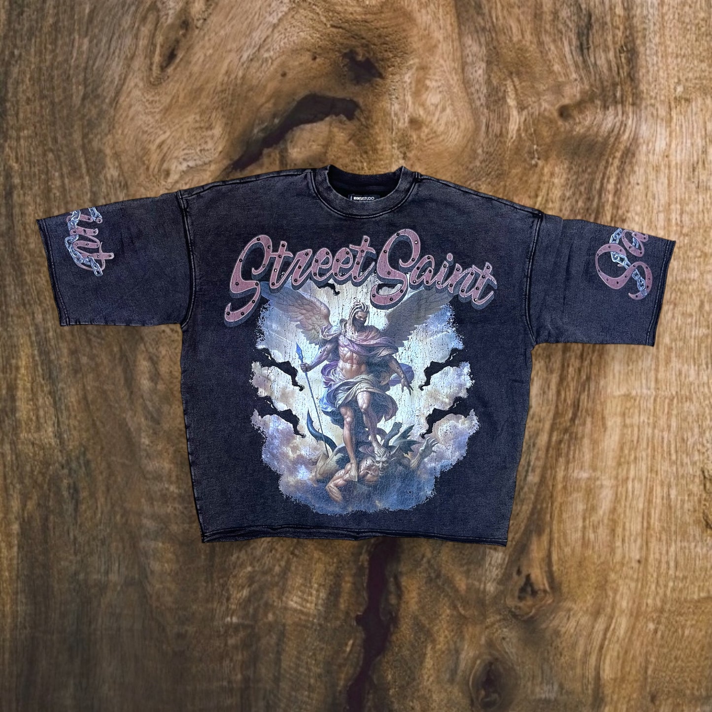 RK5481767 - STREET SAINT with Rhinestone Studs Cropped Drop Shoulder Fleece Crewneck