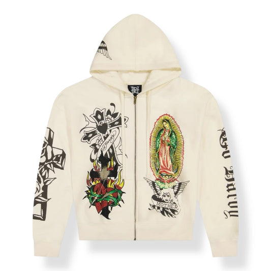 EHM1303-9RS - Mary Boxy Rhinestone Zip Down Graphic Hoodie