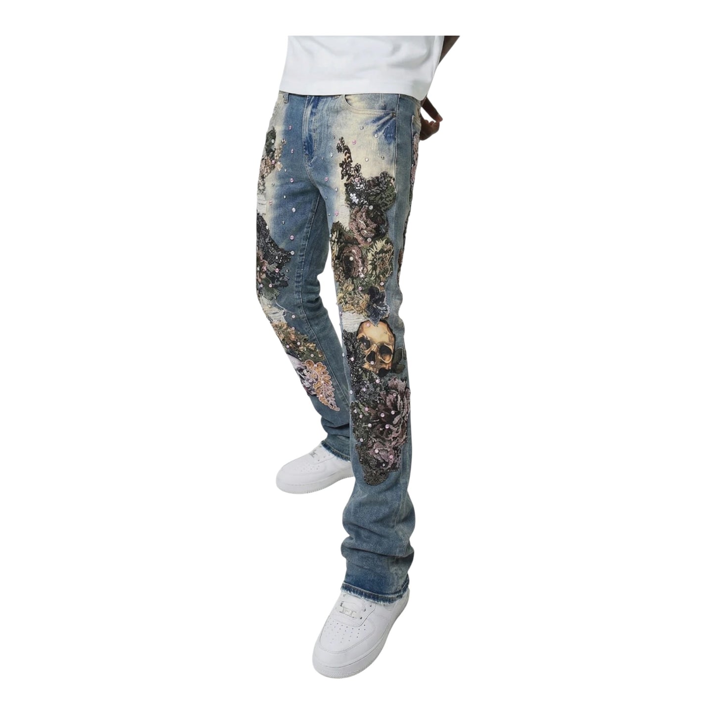 M8597D - Floral Embroidery & Skull with Multicolor Studs Stacked Flare Jeans