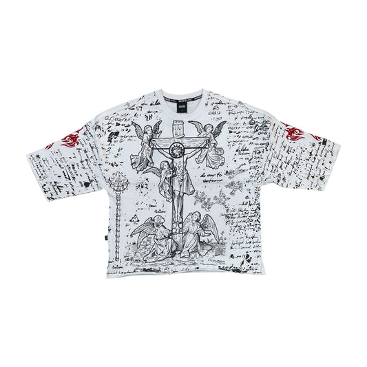 WH-SW6115 - Saint Ruins with Silver Studs Cropped Top Graphic T-Shirt