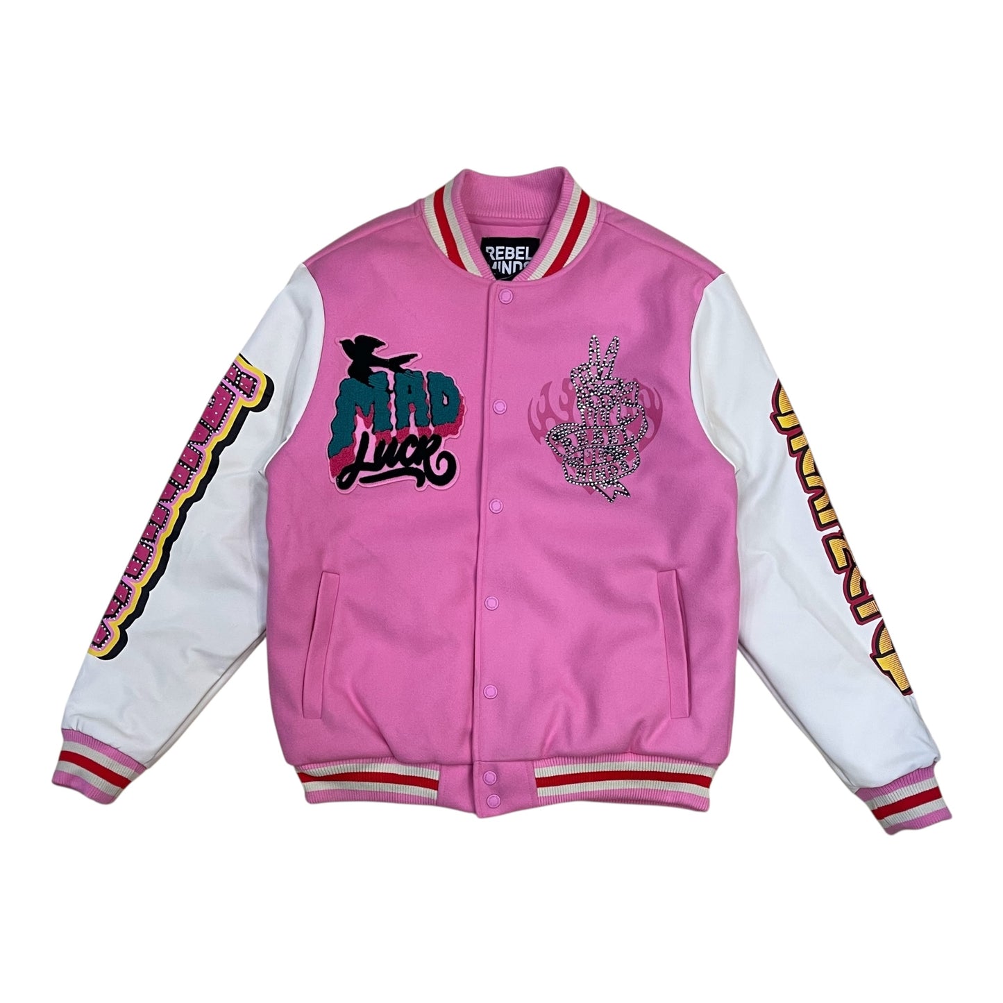152-511 - Madness "Mad Lucky" Rhinestone Varsity Jacket (Pink)