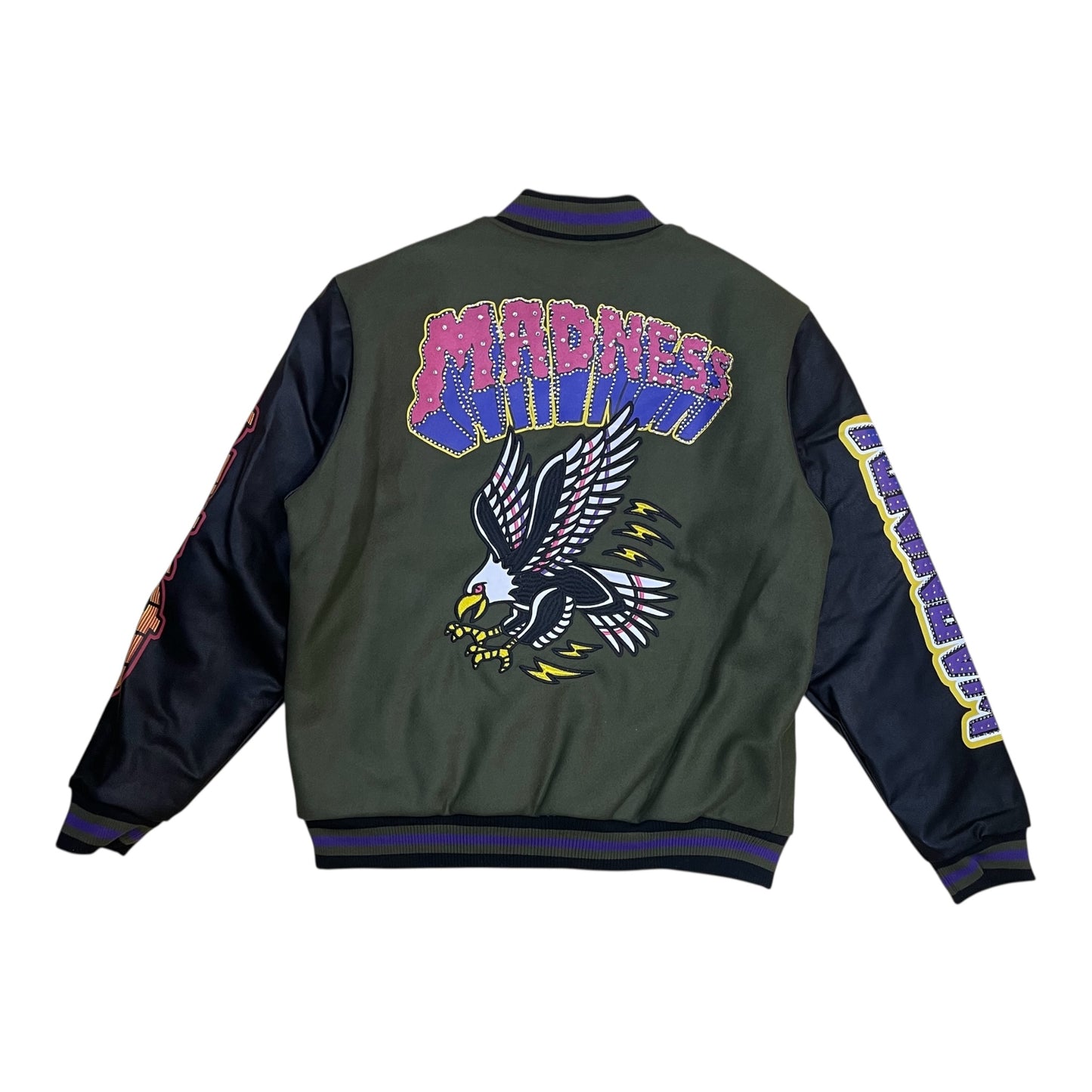 152-511 - Madness "Mad Lucky" Rhinestone Varsity Jacket (Olive)