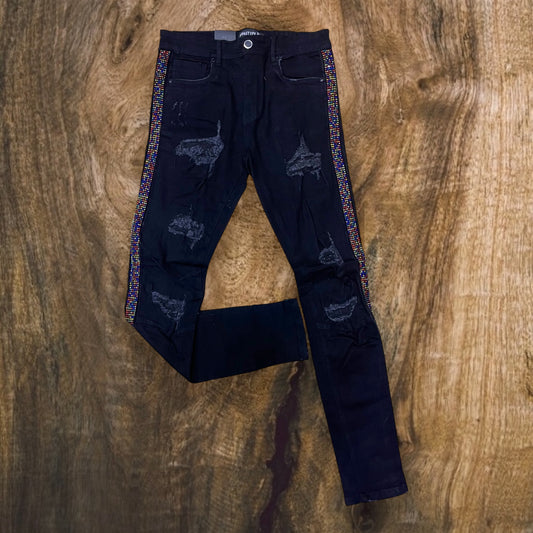 P2126 - Rip N Repair with Side Multi-Color Rhinestones Slim-Fit Stretch Jeans